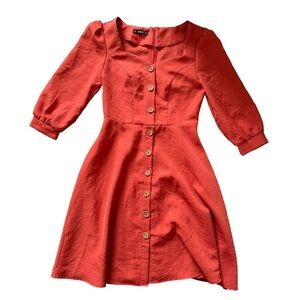 SHEIN Fit and Flare Burnt Orange Button Front Dress Puff Sleeve Size Small